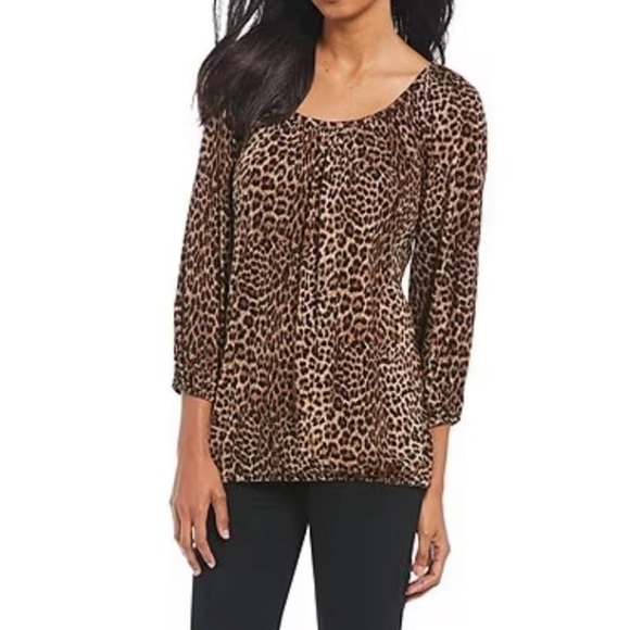 NWOT MICHAEL Michael Kors Persian Leopard Print Knit Jersey Peasant Top - Picture 1 of 7
